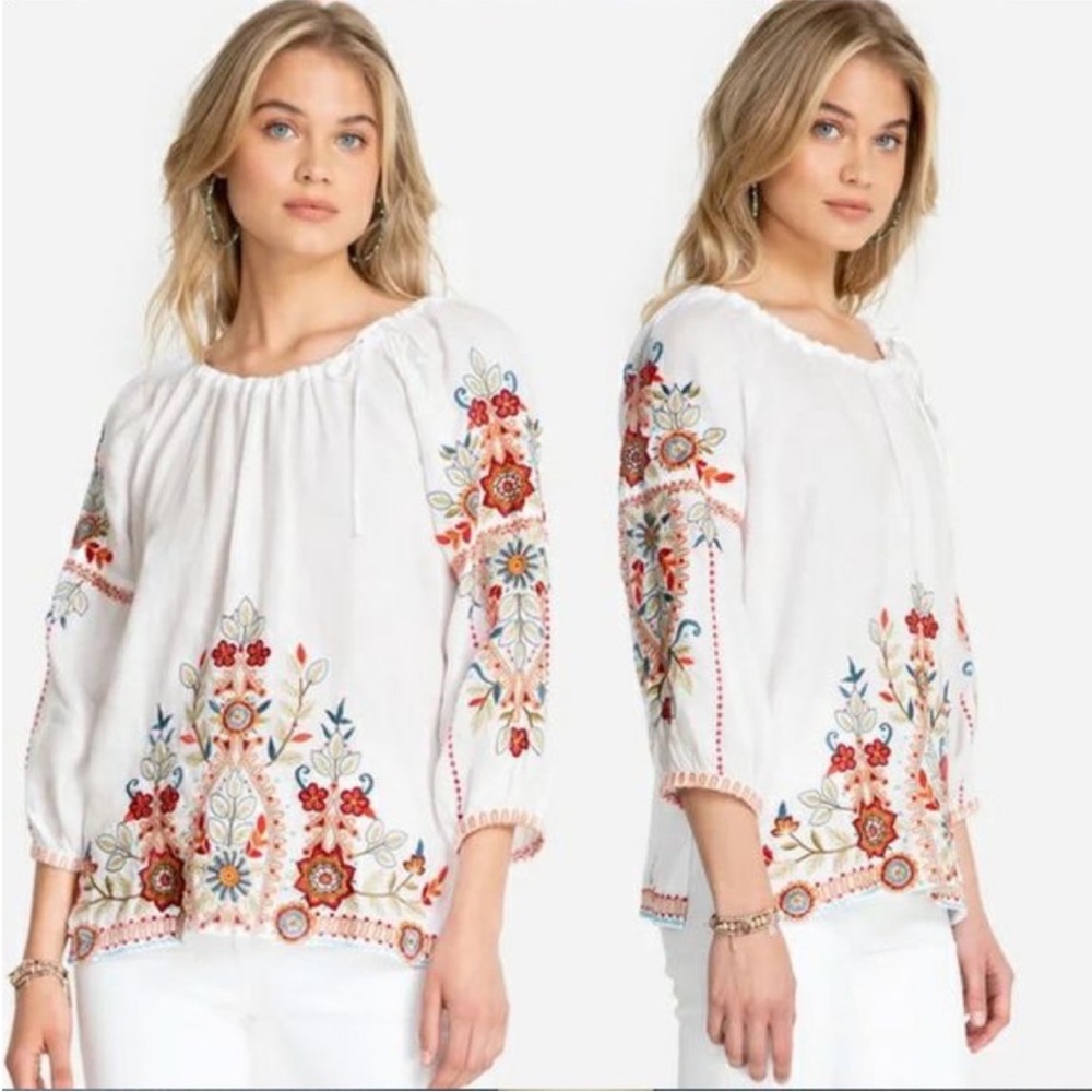 Johnny Was Maisie Bohemian Embroidered Linen Top Size Medium Peasant